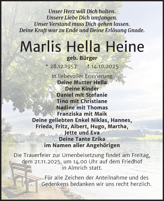 Traueranzeige von Marlis Hella Heine von Super Sonntag Naumburg/Nebra
