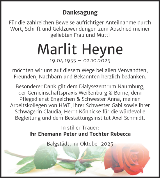 Traueranzeige von Marlit Heyne von Super Sonntag Naumburg/Nebra