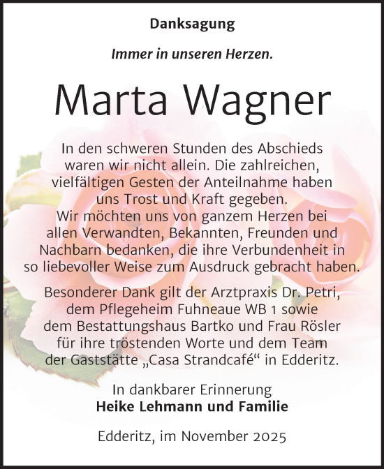 Traueranzeige von Marta Wagner von Trauerkombi Köthen