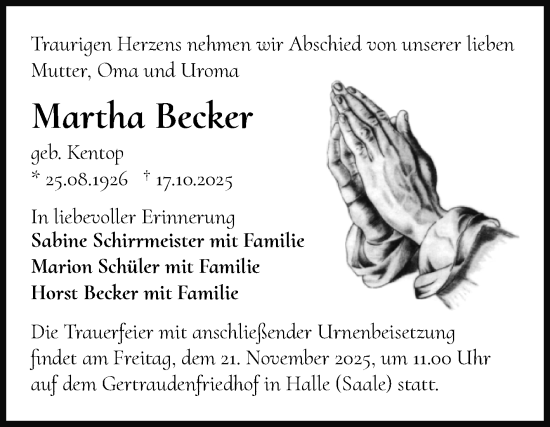 Traueranzeige von Martha Becker von Mitteldeutsche Zeitung Halle/Saalkreis