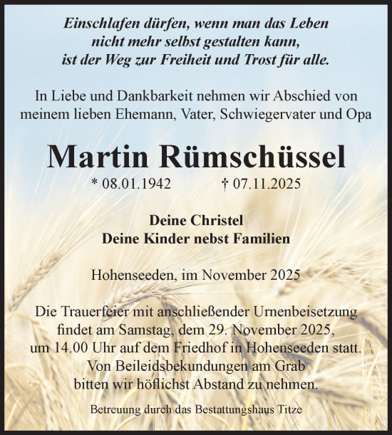 Traueranzeige von Martin Rümschüssel von Volksstimme Burg/Genthin
