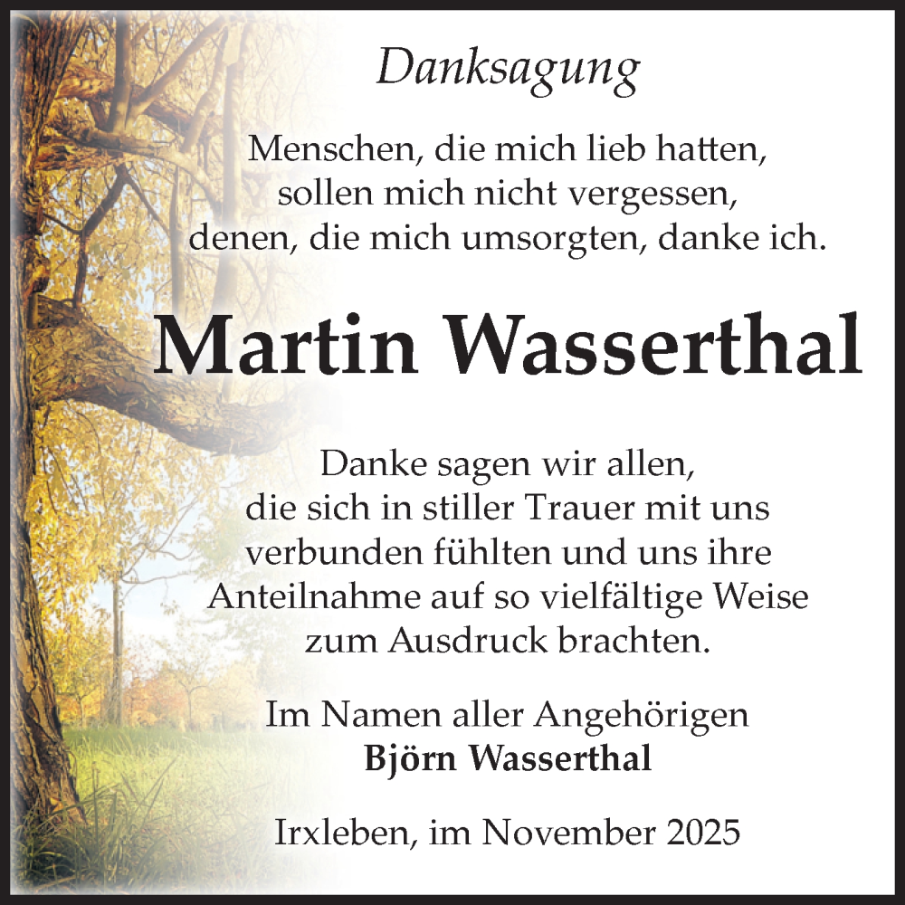  Traueranzeige für Martin Wasserthal vom 22.11.2025 aus Volksstimme Oschersleben/Wanzleben