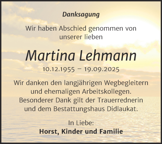 Traueranzeige von Martina Lehmann von Trauerkombi Quedlinburg