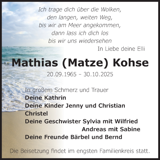 Traueranzeige von Mathias Kohse von Volksstimme Zerbst