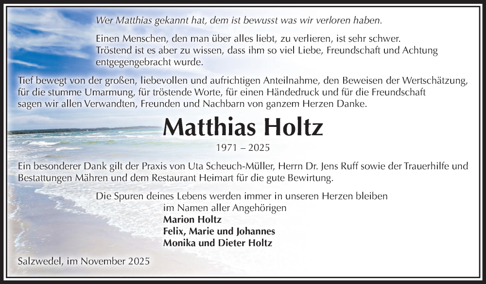  Traueranzeige für Matthias Holtz vom 22.11.2025 aus Volksstimme Altmark West