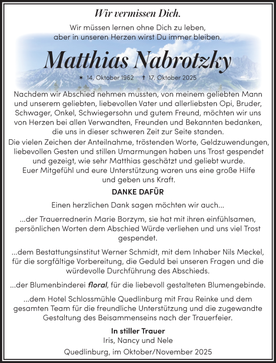 Traueranzeige von Matthias Nabrotzky von Trauerkombi Quedlinburg