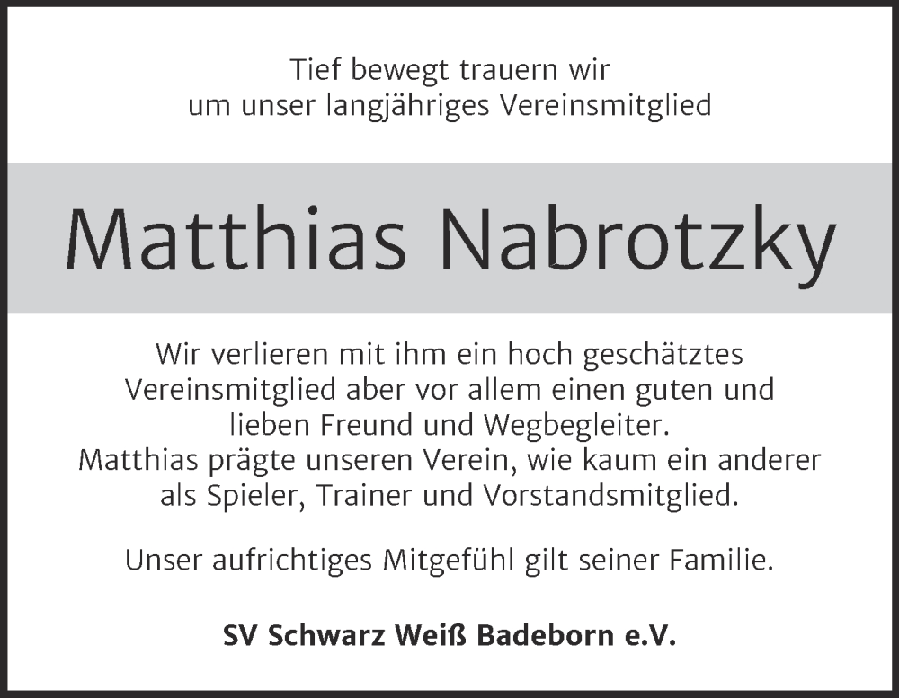  Traueranzeige für Matthias Nabrotzky vom 15.11.2025 aus Super Sonntag Quedlingburg