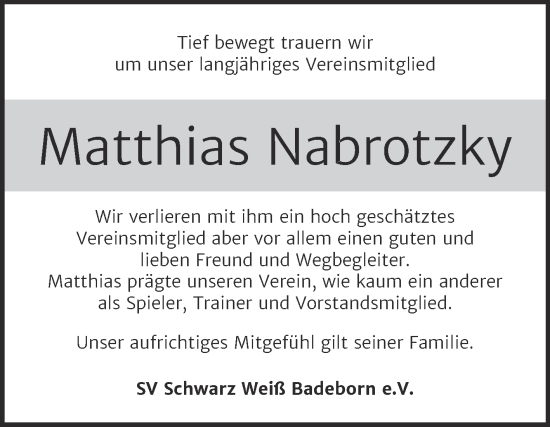 Traueranzeige von Matthias Nabrotzky von Super Sonntag Quedlingburg