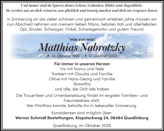 Traueranzeige von Matthias Nabrotzky von Trauerkombi Quedlinburg