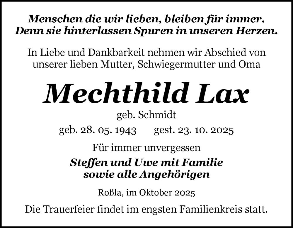 Traueranzeige für Mechthild Lax vom 08.11.2025 aus Trauerkombi Sangerhausen