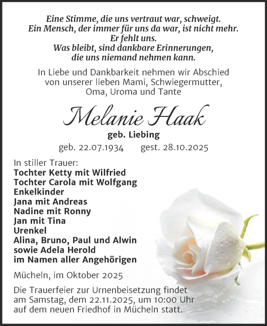 Traueranzeige von Melanie Haak von Trauerkombi Merseburg