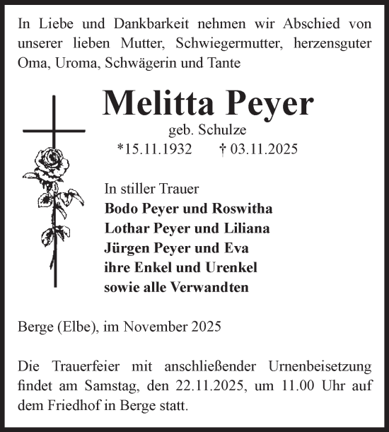 Traueranzeige von Melitta Peyer von Volksstimme Altmark Ost