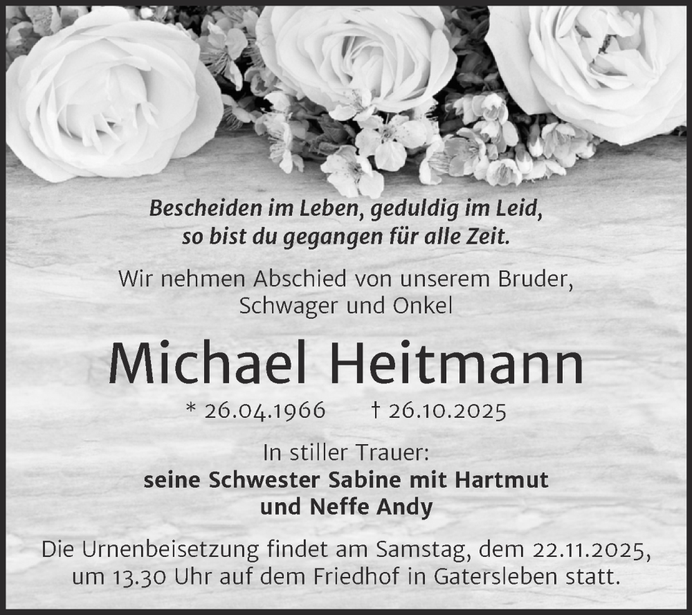  Traueranzeige für Michael Heitmann vom 05.11.2025 aus Trauerkombi Aschersleben