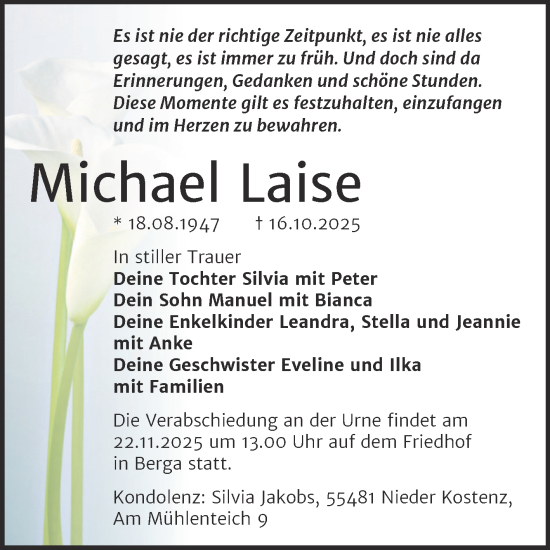 Traueranzeige von Michael Laise von Trauerkombi Sangerhausen