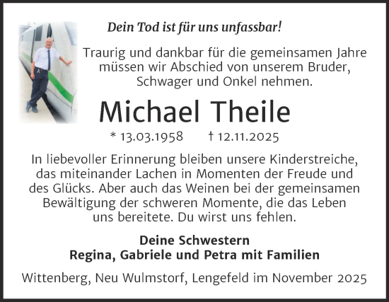 Traueranzeige von Michael Theile von Trauerkombi Sangerhausen