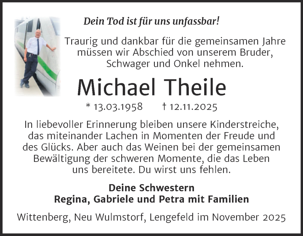  Traueranzeige für Michael Theile vom 22.11.2025 aus Trauerkombi Sangerhausen