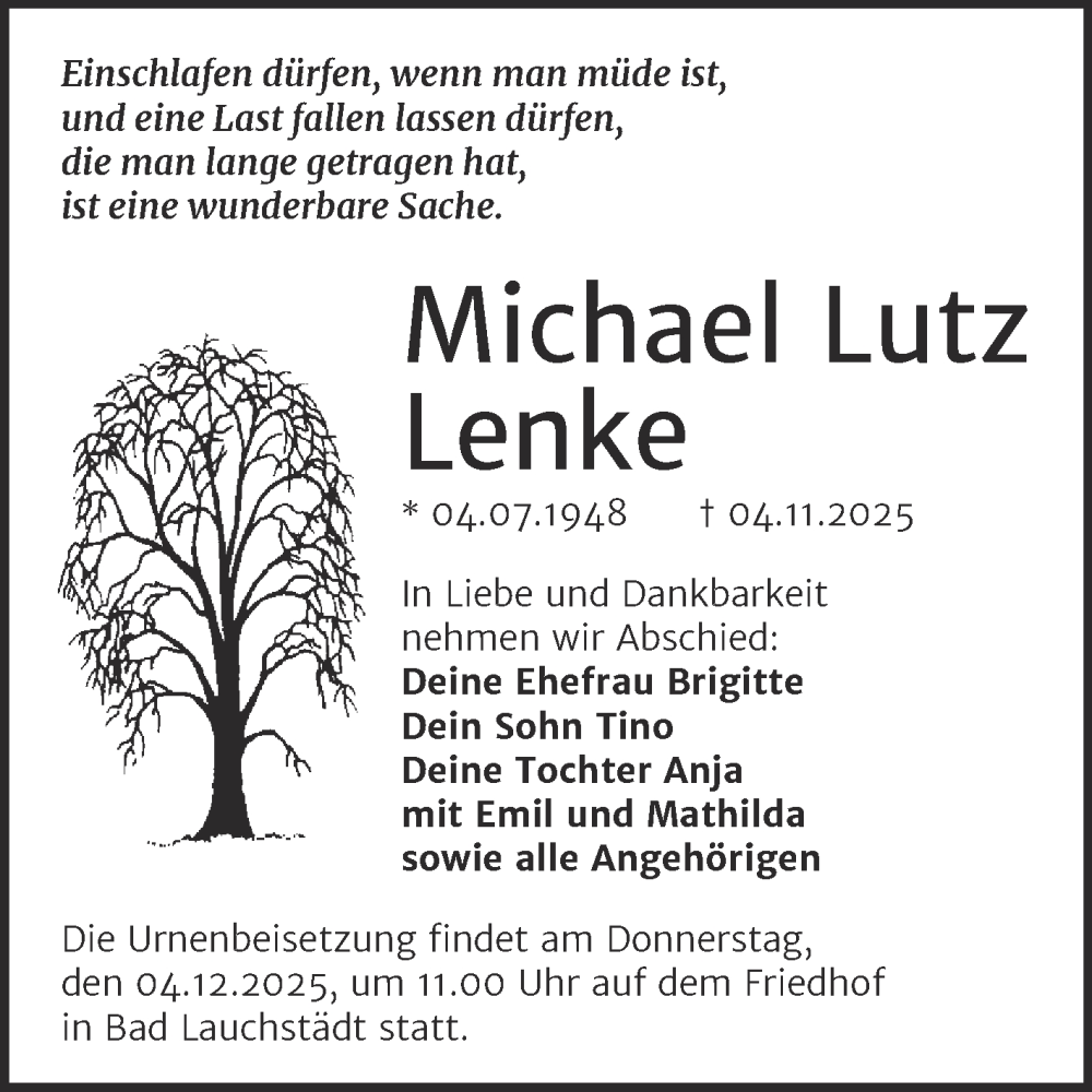  Traueranzeige für Michael Lutz Lenke vom 15.11.2025 aus Trauerkombi Merseburg
