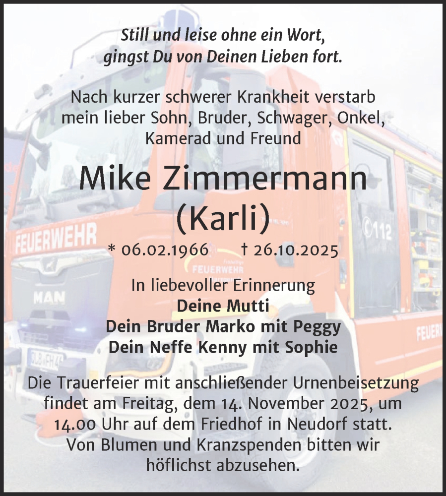  Traueranzeige für Mike Zimmermann vom 05.11.2025 aus Trauerkombi Quedlinburg