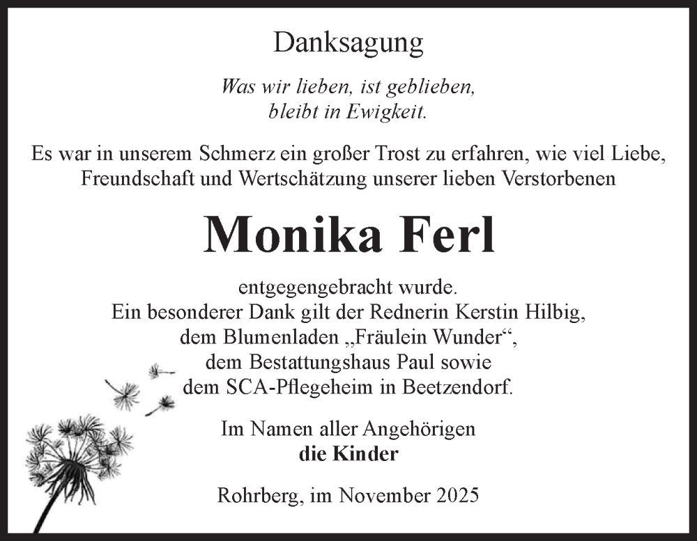  Traueranzeige für Monika Ferl vom 22.11.2025 aus Volksstimme Altmark West