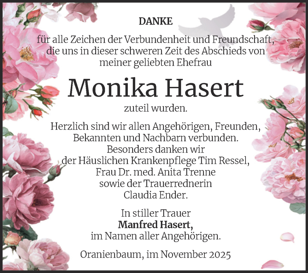  Traueranzeige für Monika Hasert vom 01.11.2025 aus Trauerkombi Wittenberg