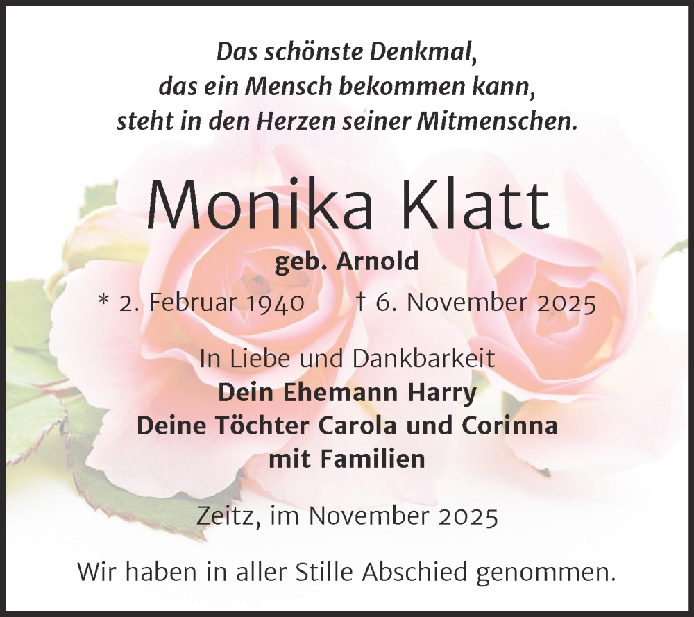  Traueranzeige für Monika Klatt vom 15.11.2025 aus Trauerkombi Zeitz