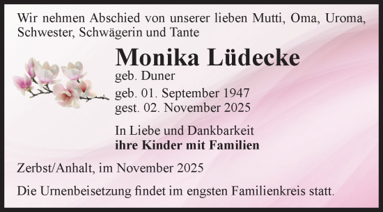 Traueranzeige von Monika Lüdecke von Volksstimme Zerbst