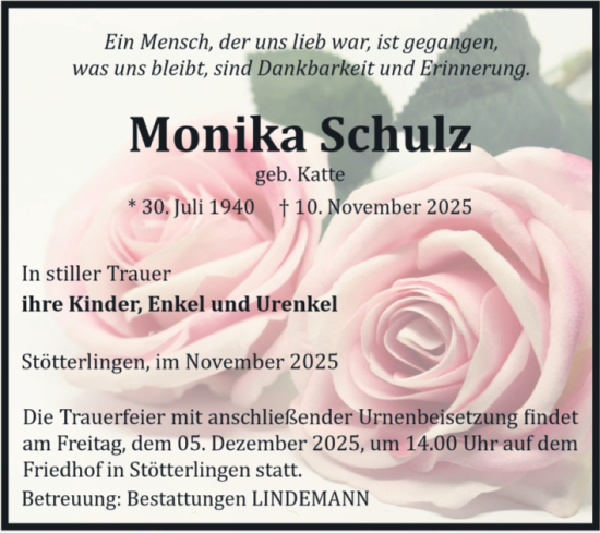 Traueranzeige von Monika Schulz von Volksstimme Halberstadt