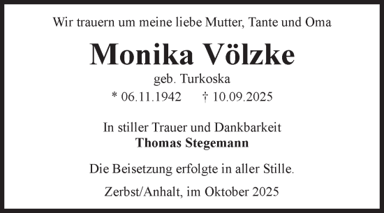 Traueranzeige von Monika Völzke von Volksstimme Zerbst