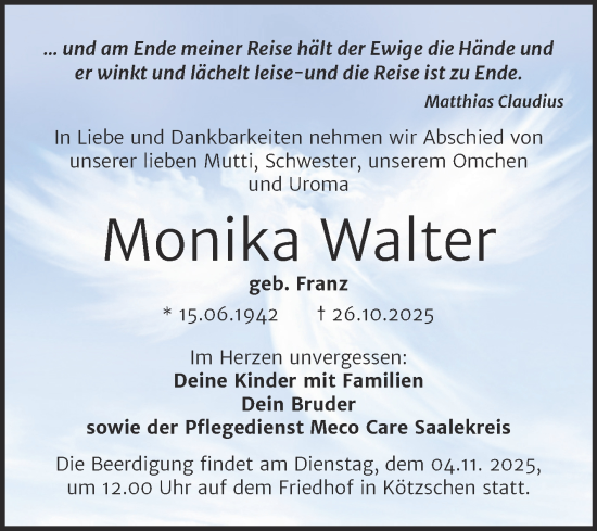 Traueranzeige von Monika Walter von Trauerkombi Merseburg