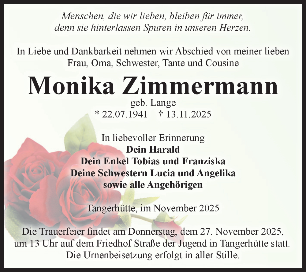  Traueranzeige für Monika Zimmermann vom 22.11.2025 aus Volksstimme Altmark Ost