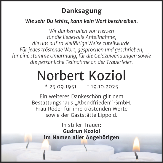 Traueranzeige von Norbert Koziol von Trauerkombi Merseburg