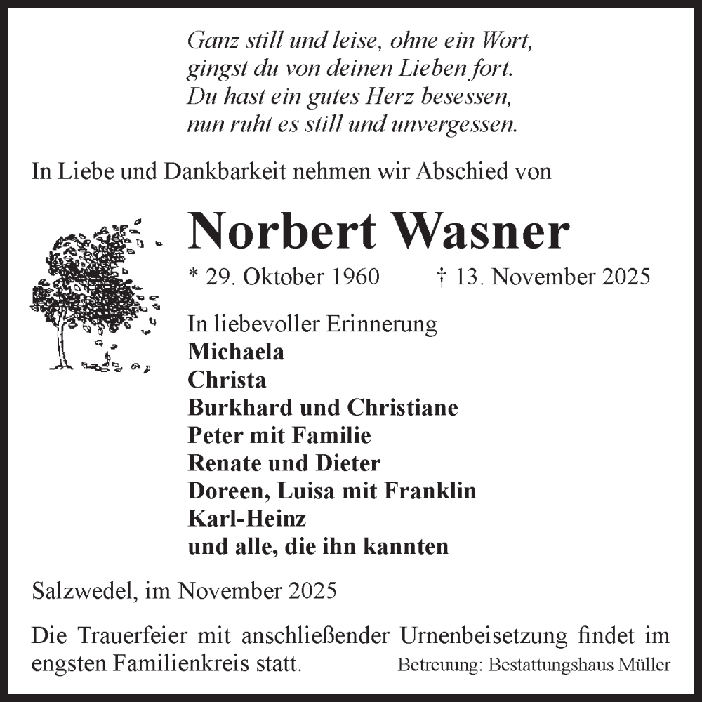  Traueranzeige für Norbert Wasner vom 19.11.2025 aus Volksstimme Altmark West