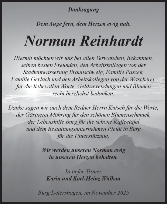 Traueranzeige von Norman Reinhardt von Volksstimme Burg/Genthin