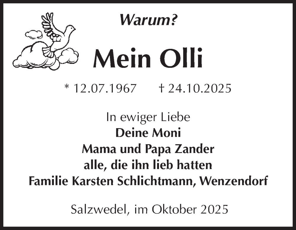  Traueranzeige für Oliver Zander vom 01.11.2025 aus Volksstimme Altmark West