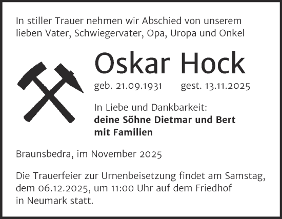 Traueranzeige von Oskar Hock von Trauerkombi Merseburg