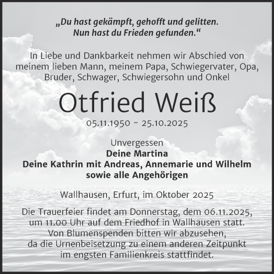 Traueranzeige von Otfried Weiß von Trauerkombi Sangerhausen