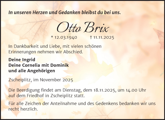 Traueranzeige von Otto Brix von Naumburger Tageblatt