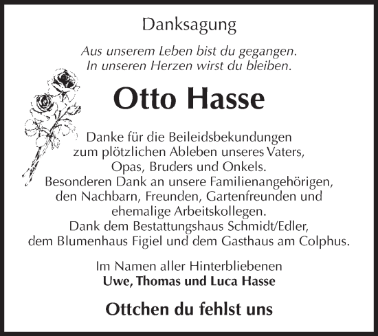Traueranzeige von Otto Hasse von Volksstimme Schönebeck