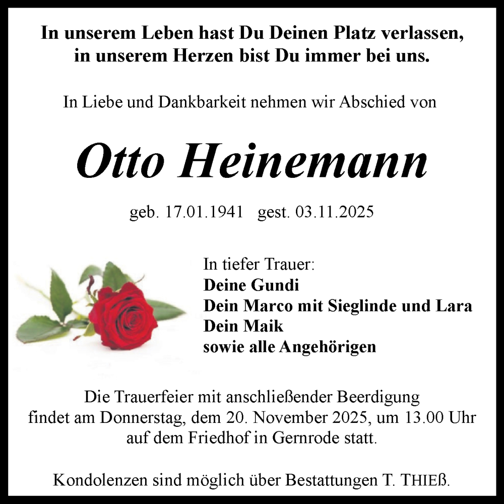  Traueranzeige für Otto Heinemann vom 15.11.2025 aus Trauerkombi Quedlinburg