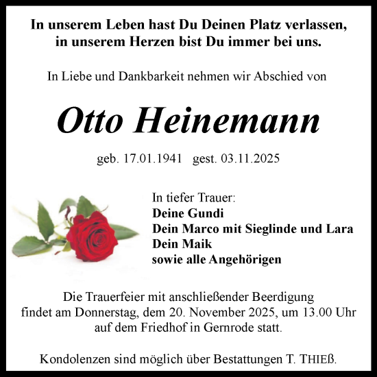 Traueranzeige von Otto Heinemann von Trauerkombi Quedlinburg