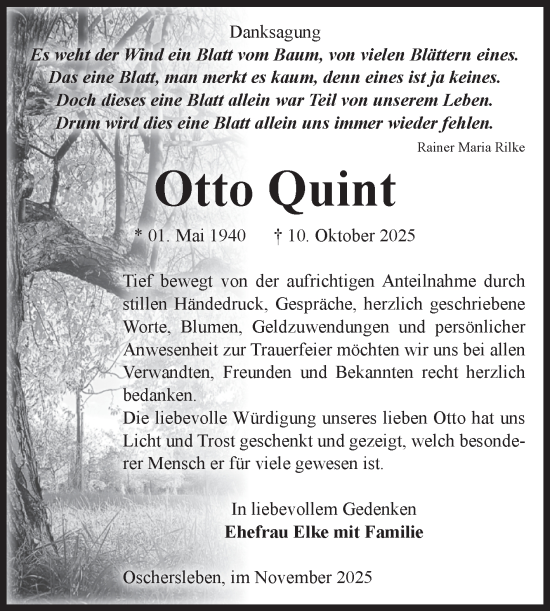 Traueranzeige von Otto Quint von Volksstimme Oschersleben/Wanzleben