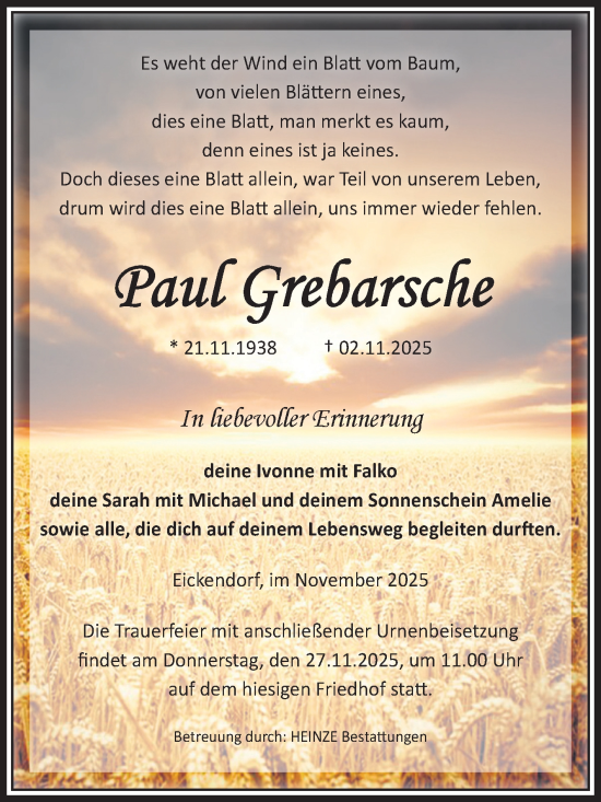 Traueranzeige von Paul Grebarsche von Volksstimme Schönebeck