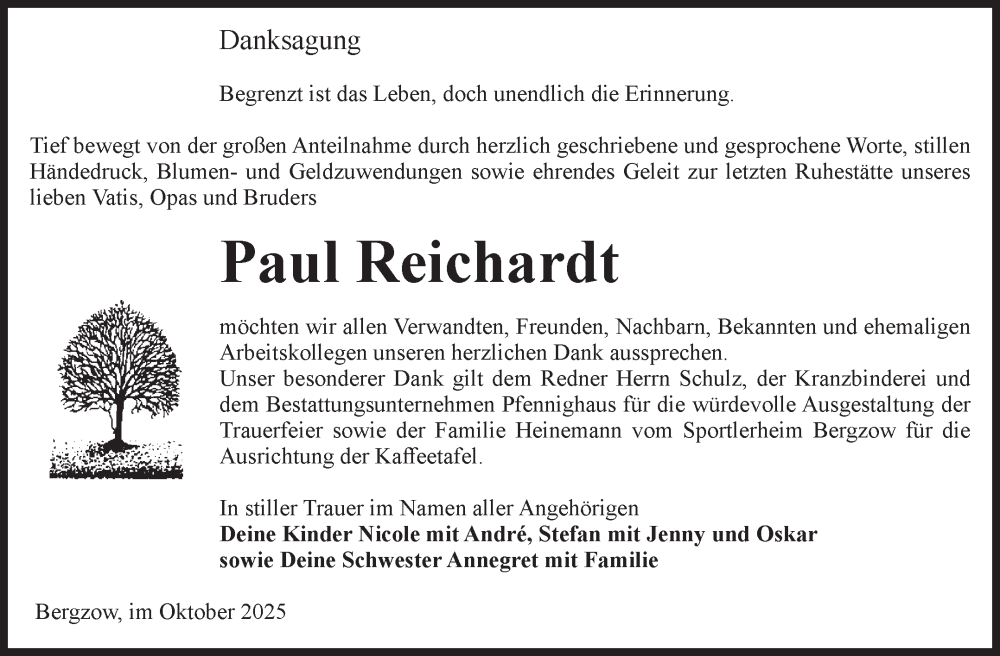  Traueranzeige für Paul Reichardt vom 01.11.2025 aus Volksstimme Burg/Genthin