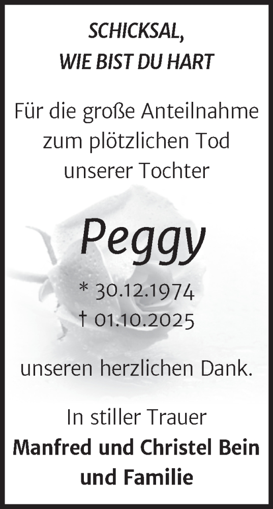  Traueranzeige für Peggy Bein vom 15.11.2025 aus Trauerkombi Quedlinburg