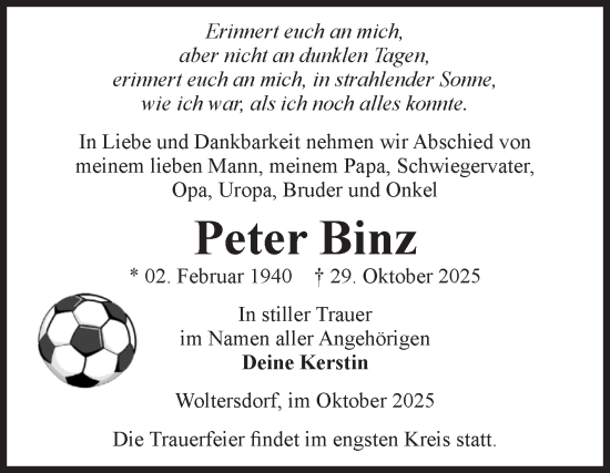 Traueranzeige von Peter Binz von Volksstimme Burg/Genthin