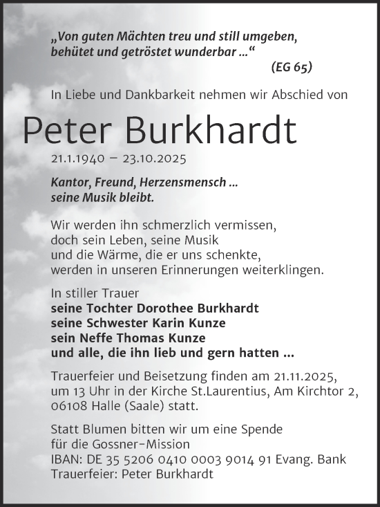 Traueranzeige von Peter Burkhardt von Mitteldeutsche Zeitung Halle/Saalkreis