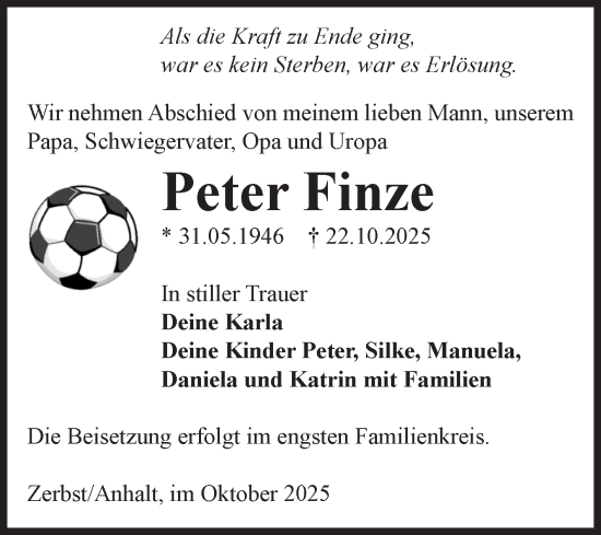 Traueranzeige von Peter Finze von Volksstimme Zerbst