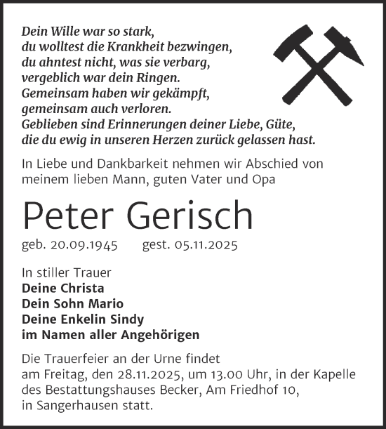 Traueranzeige von Peter Gerisch von Trauerkombi Sangerhausen
