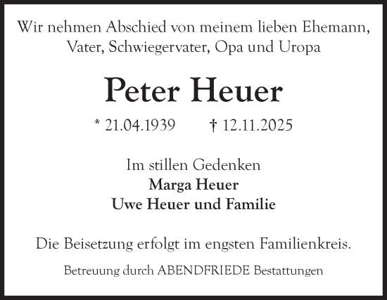 Traueranzeige von Peter Heuer von Volksstimme Magdeburg