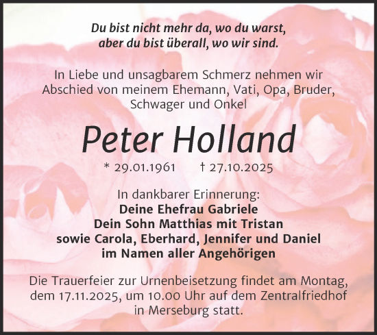 Traueranzeige von Peter Holland von Trauerkombi Merseburg